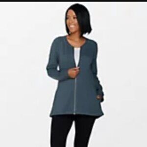 Denim & Co. French Terry Zip-Front Jacket | XL | Dark Slate | Casual Chic